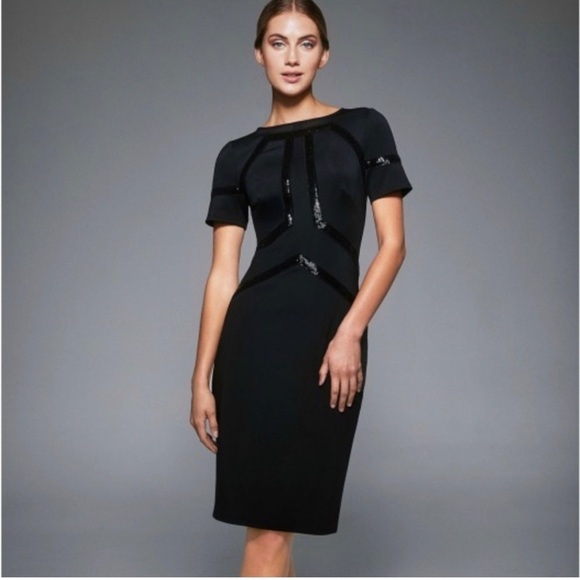 TADASHI SHOJI Black Stretch Short Sleeve Sheath Dress - Picture 1 of 9